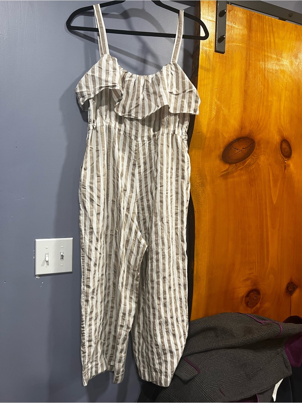 Zara Beige and White Striped Ruffle Jumpsuit